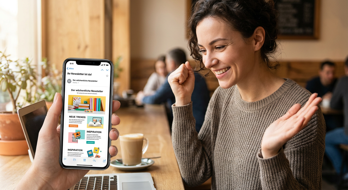 Excited woman receiving newsletter on phone Smartphone displaying a weekly newsletter email with colorful book-themed images