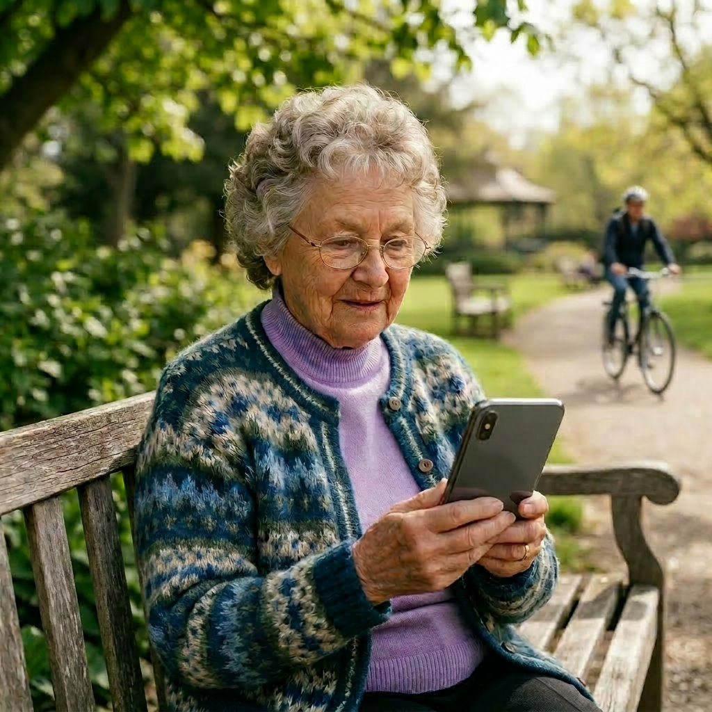 Elderly woman sitting and reading a newspaper titled The Chronicles
