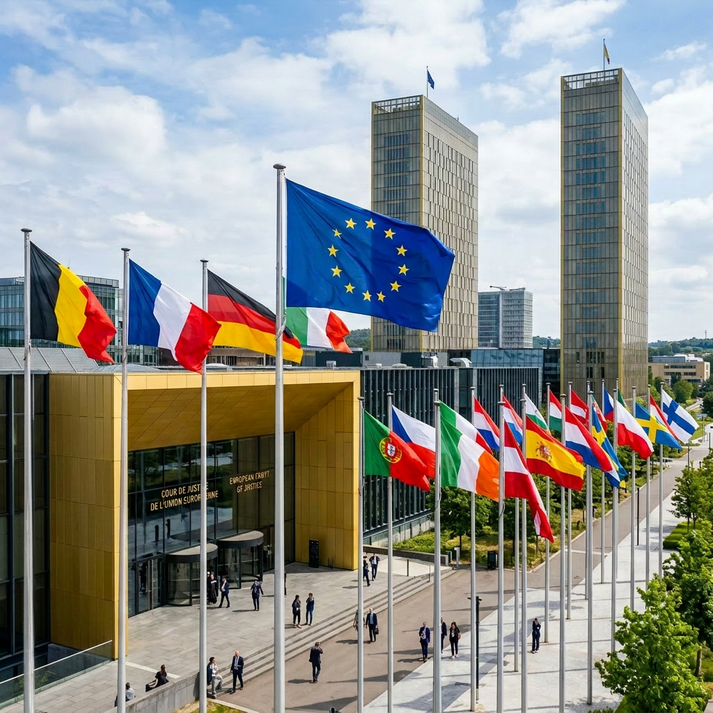 Flags of European Union member countries and EU flag outside European Court of Justice building