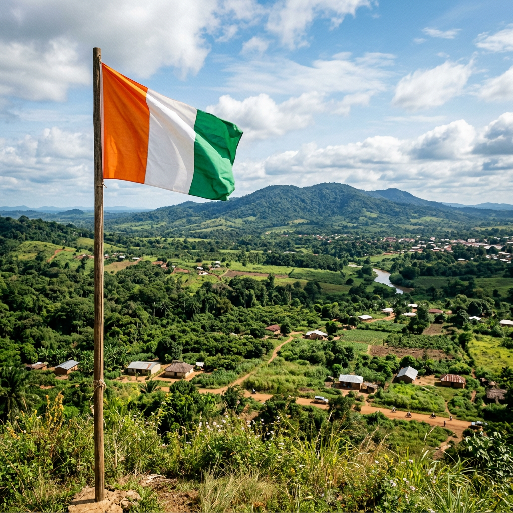 Ivory Coast flag on a wooden pole overlooking green hills, homes, and dirt roads under a cloudy sky