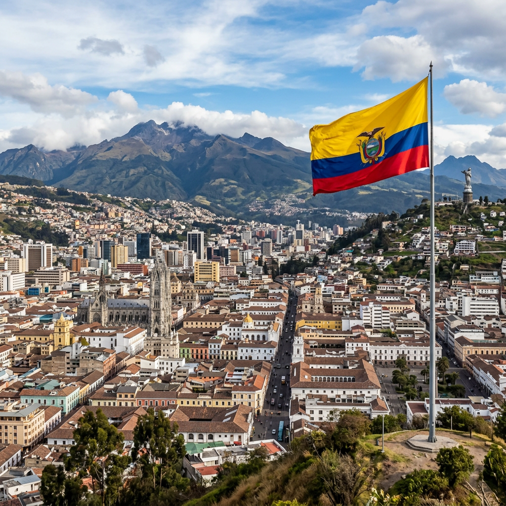 Ecuadorian flag flying over the city of Quito with mountains in the background