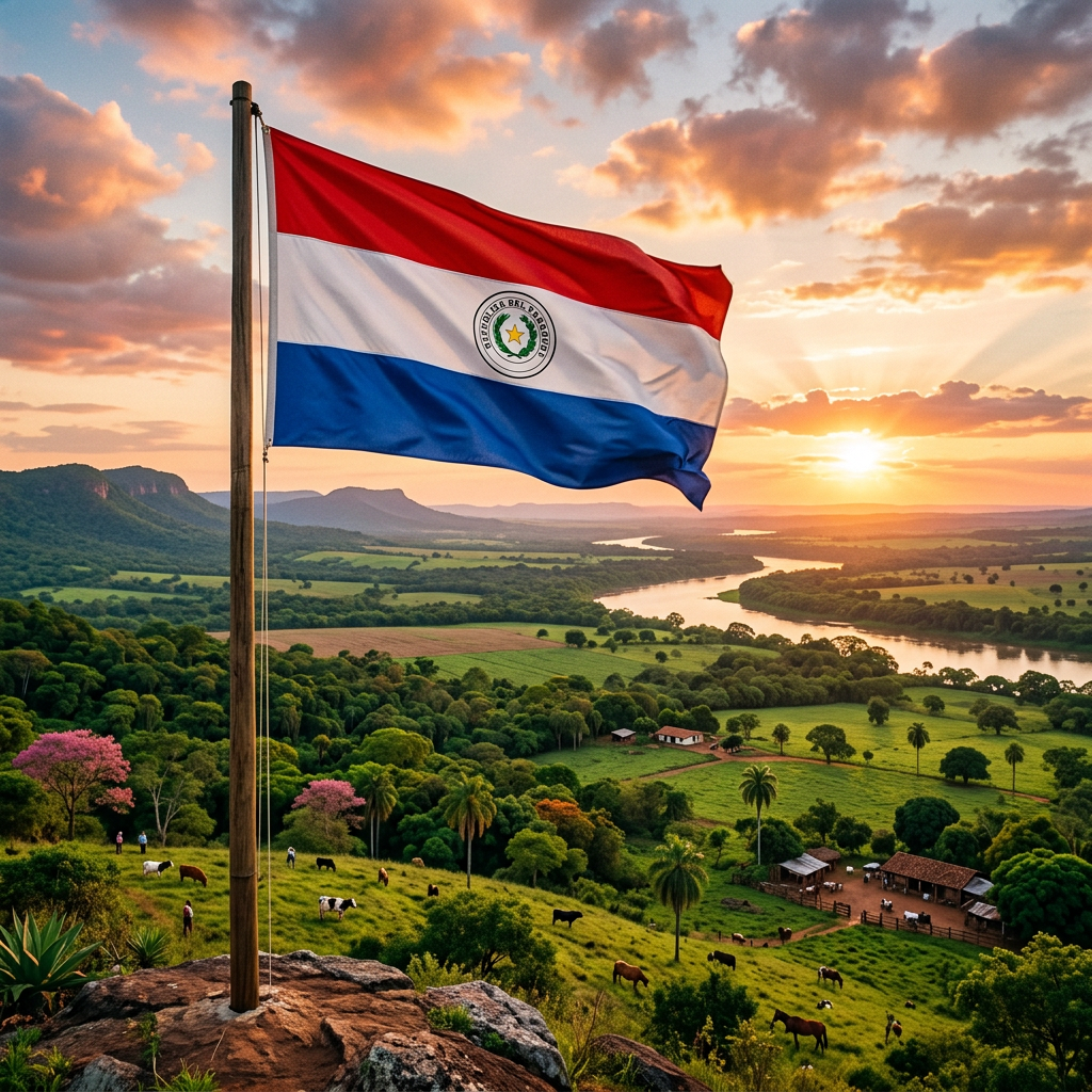 Paraguayan flag flying above green fields, farms, and river at sunset