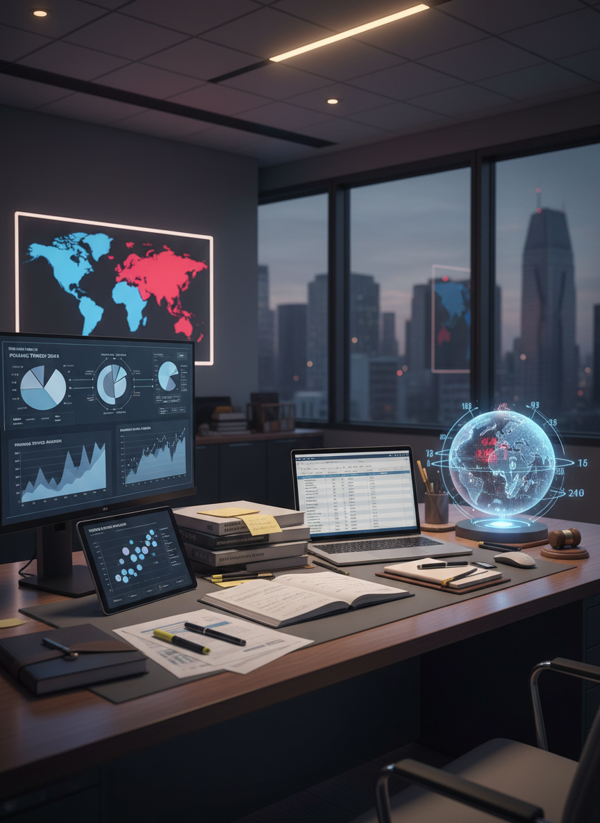 Professional political analysis and strategy imagery: an organized desk with analytical tools like charts, graphs, polling data, and strategy documents, modern office setting with clean, professional design, symbolic representation of political science without people