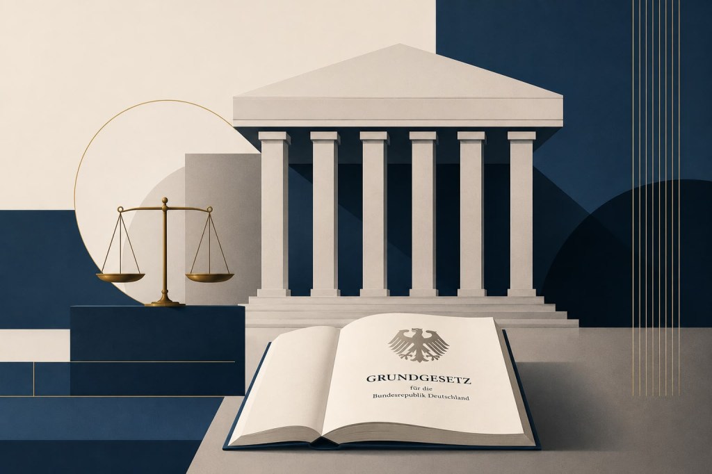 Das Bild zeigt ein Buch mit der Aufschrift "GRUNDGESETZ" und ein Justizsymbol. Es ist ein Symbol für die deutsche Verfassung.